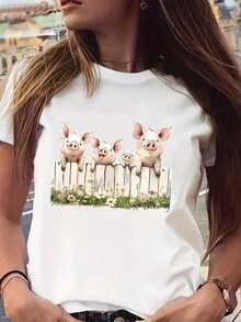 1 Piece Casual Fashion Men's And Women's Round Neck T-Shirt With Beautiful Pig Print For Women - Adorable Pig Design, Soft And Comfortable Casual Wear Suitable For Farm-Themed Parties And Everyday Outfits - Machine Washable Women's Blouses. Versatile, Easy To Match, For Daily Wear, Urban Style, Holiday Wear, Weekend Wear. - 白色的 - 查看 2