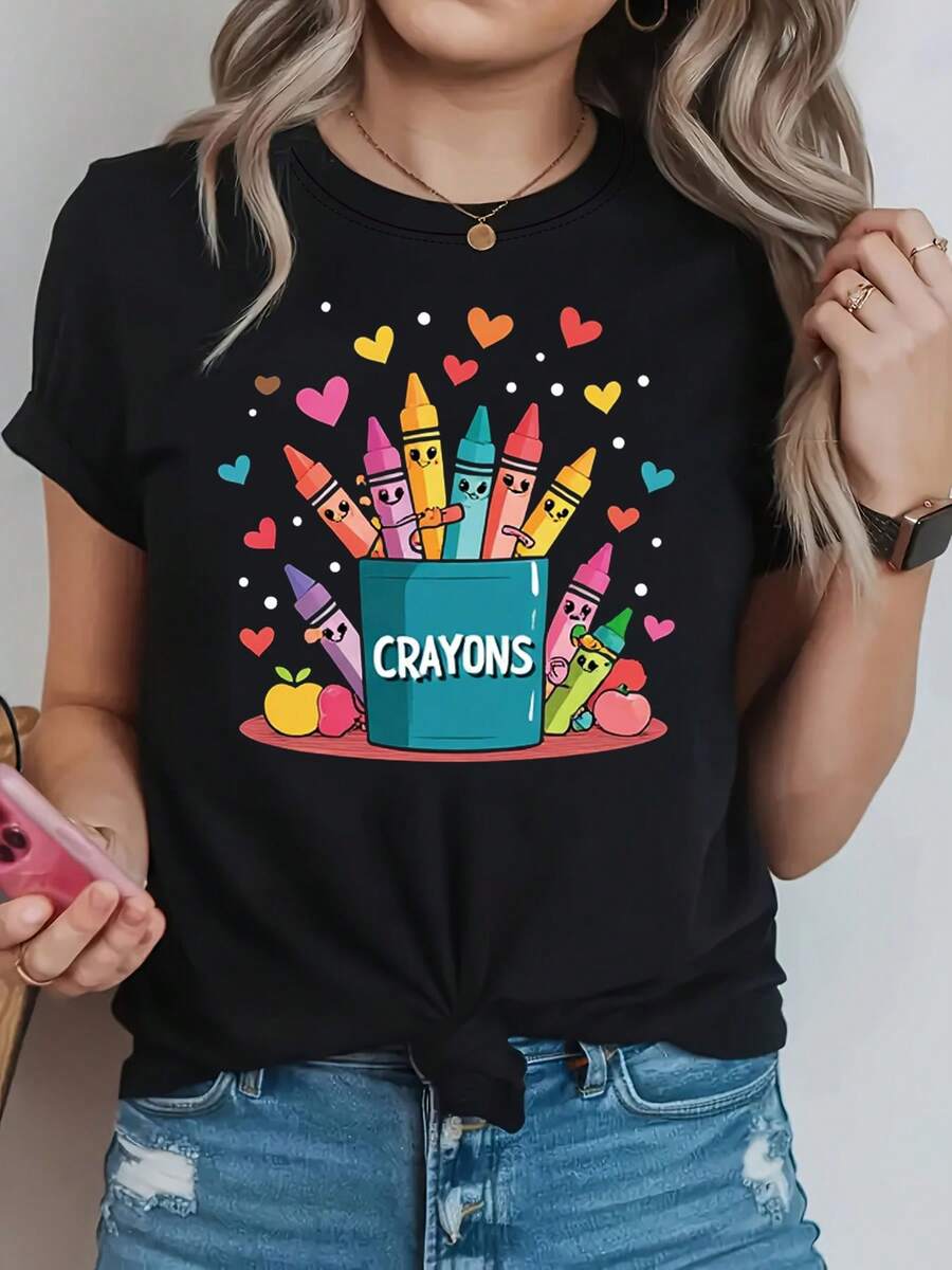 Women's Crayon Print T-Shirt - Short Sleeve Crayon Theme Blouse, Ideal For Teachers And Art Events, Suitable For Spring/Summer Casual Wear, Machine Washable, Casual Everyday T-Shirt, Women's Going Out Blouse - 黑色 - 查看 1