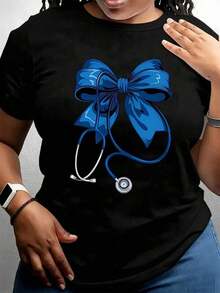 Women's Printed T-Shirt With Blue Ribbon Graphic And White Headphones - Casual Short Sleeve Crew Neck T-Shirt, Relaxed Fit For All Seasons, Perfect For Everyday Wear Or Holiday Outfits, Pair With Blue Jeans (Machine Washable). - 黑色 - 查看 6