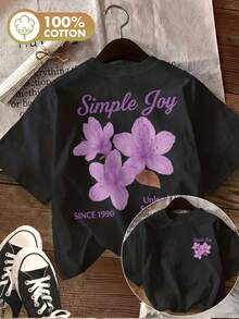| Exquisite Design | Loose And Comfortable | Easy To Match | [Double-Sided Print] Women's Casual Summer T-Shirt, Cool Style, Floral And Leaf Print, Simple Print, Round Neck, Pure Cotton Short-Sleeve T-Shirt. - 黑色 - 查看 2