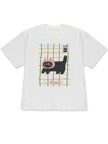 New Spring/Summer 2026 Collection: Short-Sleeve T-Shirt With Colorful Line Art Grid Background Illustration + Black Cat With Pink Hat + Small Decorative Black Cat Stamp + Text Combination With The Letter "". Fresh And Cute Hand-Painted Style - High Quality For Summer. - White - View 1