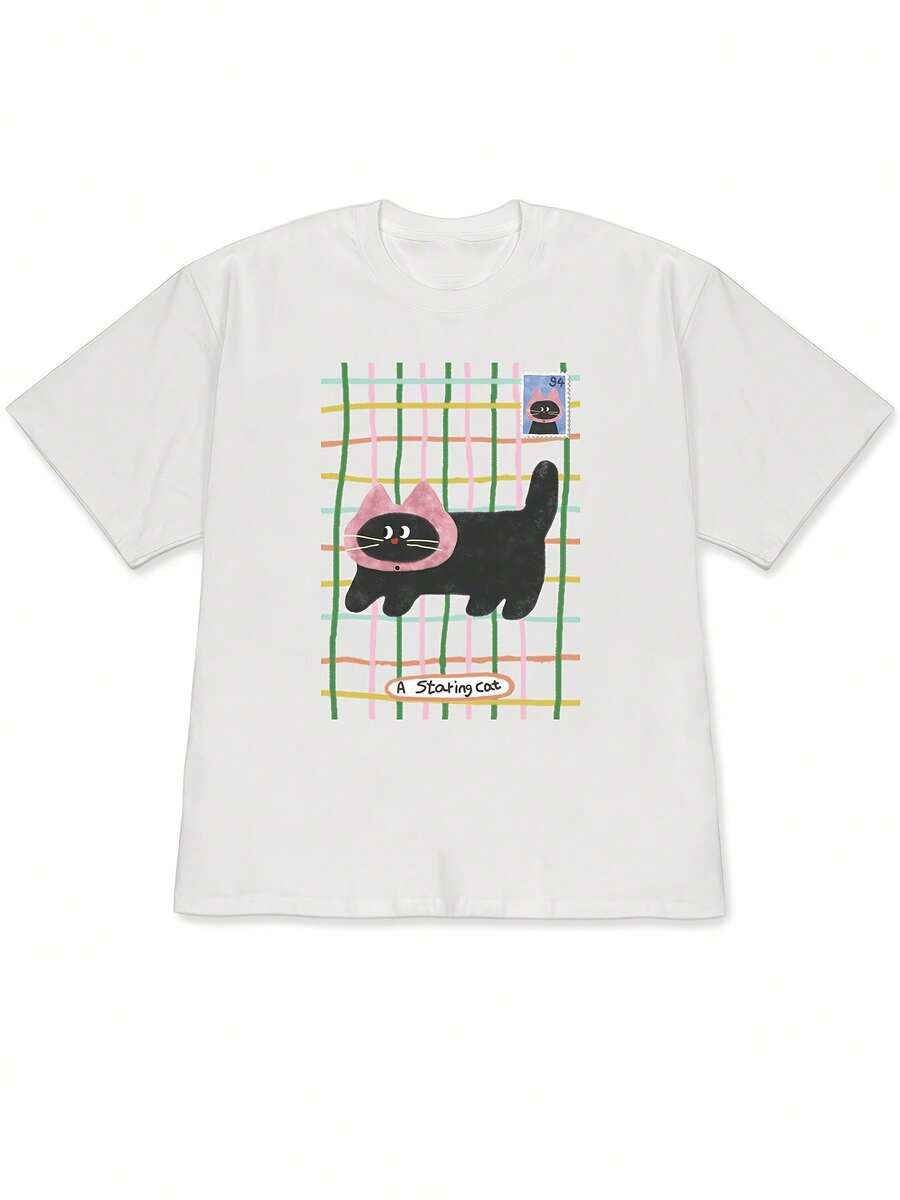 New Spring/Summer 2026 Collection: Short-Sleeve T-Shirt With Colorful Line Art Grid Background Illustration + Black Cat With Pink Hat + Small Decorative Black Cat Stamp + Text Combination With The Letter "". Fresh And Cute Hand-Painted Style - High Quality For Summer. - White - View 1