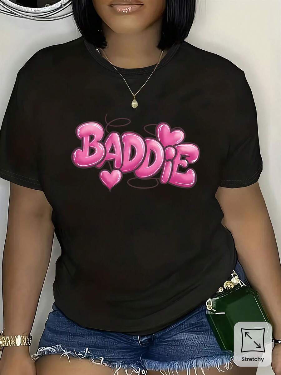 BADDIE Bubble Letter T-Shirt - Short Sleeve T-Shirt With Bubble Heart Print And BADDIE, Relaxed Fit Stretch Top, Casual Gift For Her, Comfortable Everyday Wear, Machine Washable, Versatile Essential (All Year Round Wardrobe Basic) - 黑色 - 查看 1