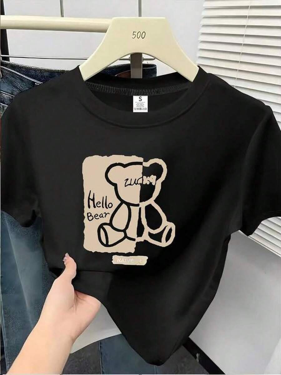 1pc Camisetas Para Mujer Camiseta única Hello Bear estilo y2k diseño moderno en color negro destaca con su adorable gráfico de osito perfecta para tu look diario ideal para fanáticos de la moda urbana y  actuales disponible en talla S a L, no te quedes sin la tuya Camiseta De Manga Corta De Algodón - Negro - Ver 1