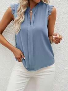 Clasi Camisa de mujer sin mangas de unicolor con cuello en V elegante y parche de encaje, verano - Niebla azul - Ver 6