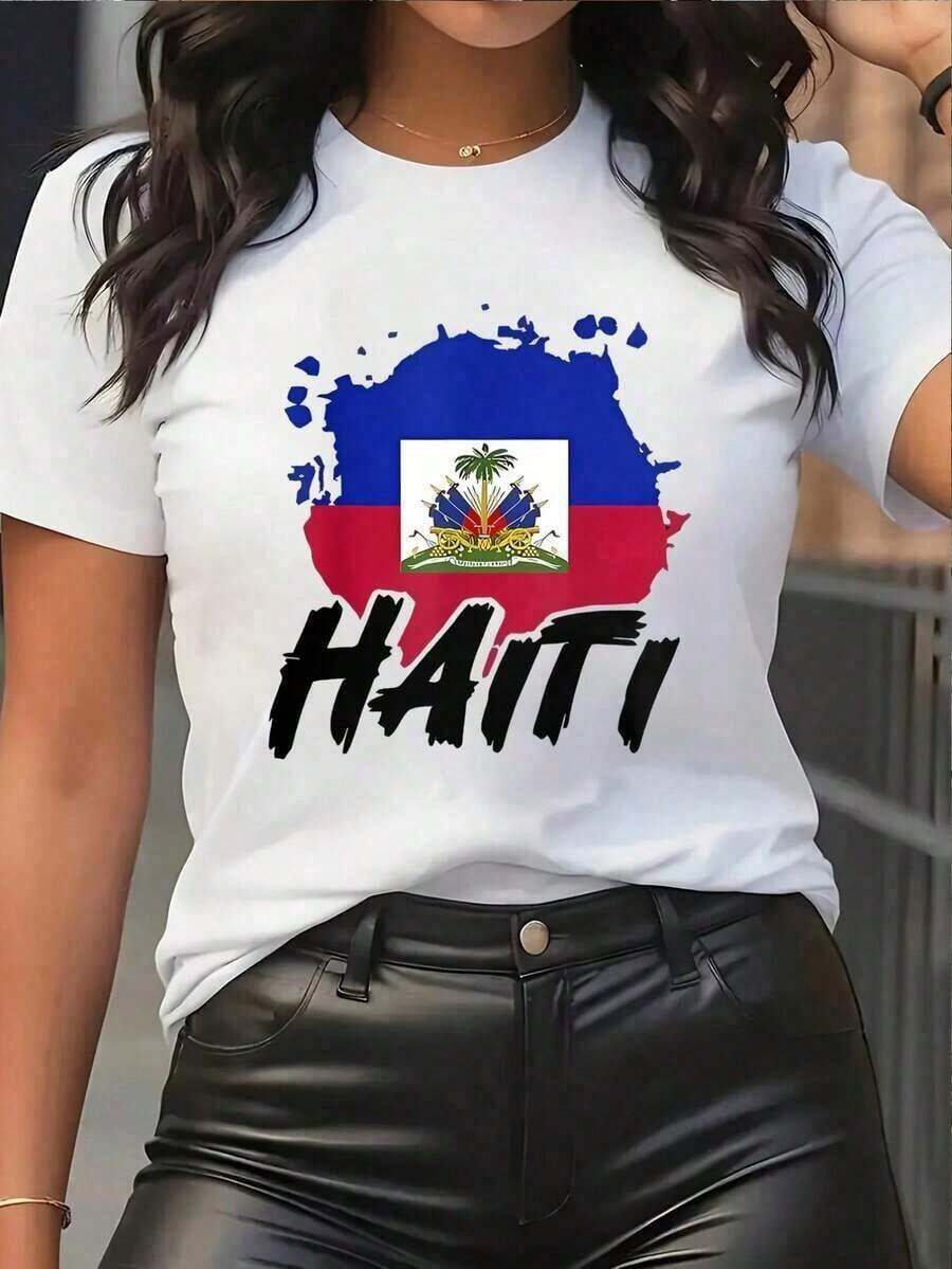 Women's T-Shirt With A Haitian Flag Print And The Word HAITI, Short Sleeves, Crew Neck, Machine Washable, For Casual Wear, Haitian Pride Events, 4th Of July, World Cup Matches, Soft And Lightweight Top, Easy To Pair With Any Outfit. Women's Graphic T-Shirt, 100% Cotton, Brokey Y2K Streetwear Style, Crew Neck, Loose Fit - 白色 - 查看 1
