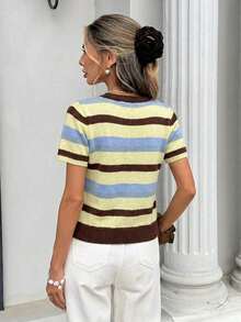Blusa de punto holgada de manga corta con cuello redondo de estilo casual para mujer, estilo universitario con rayas marrones y azules, blusa de verano, blusa de estilo universitario estadounidense, adecuada para uso diario, blusa de verano, blusa - Multicolor 8 - Ver 2