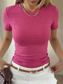 Camiseta de manga corta minimalista de unicolor para mujer, uso casual de todos los días en verano - Rosa Fucsia 2 - Ver 1