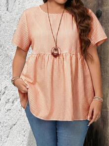 de manga corta con cuello redondo y estampado de rayas, apropiadas para el verano, tallas grandes - Naranja - Ver 4