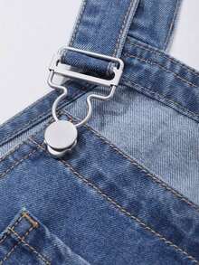 Mono de peto de mezclilla vintage con efecto desgastado para mujer, de corte casual y holgado - Azul - Ver 4