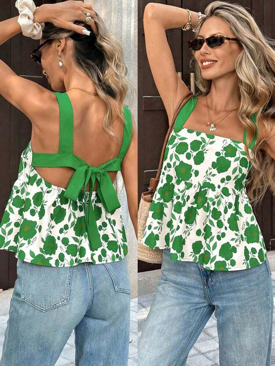 PariChic Parte superior sin tirantes con estampado floral rojo para damas, primavera y verano, con diseño de espalda abierta con lazo, hecha de tela con fondo blanco y estampado floral, con tirantes anchos rojos y diseño de falda con cintura fruncida, estilo fresco adecuado para citas de primavera y verano, escenas de vestimenta casual.Las características del producto incluyen: Parte superior sin tirantes con estampado floral para damas, parte superior corta con decoración de cinturón rojo, parte superior con falda fruncida en la cintura, parte superior fresca de primavera y verano, parte superior versátil casual. - Verde - Ver 1