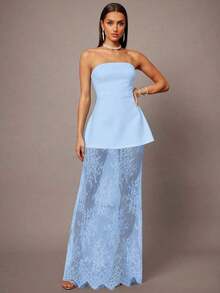 de 2 piezas que incluye top corto con corpiño y falda mini con dobladillo de encaje en estilo A-line, color negro, adecuado para citas, graduaciones, conciertos, vestidos de dama de honor, bodas, ocasiones románticas, estilo minimalista, conju - Celeste - Ver 6