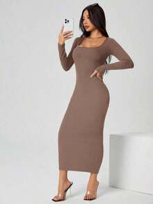 Vestido largo de manga larga con cuello cuadrado color negro sólido ajustado, vestido elegante de manga larga para mujer con cuello cuadrado, ajuste ceñido, manga recta, liso, para uso diario casual en primavera/otoño - Camel - Ver 5