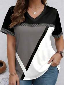Camiseta casual de manga corta con cuello en V, de talla grande, con estampado de rayas patchwork - Multicolor 6 - Ver 1