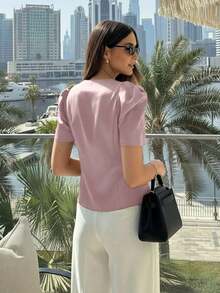 Elegante blusa de mujer de cuello redondo en color marrón, con mangas abullonadas, diseño de cierre con botones delanteros, chaqueta de blazer de manga corta de moda, verano negro - Rosa - Ver 3