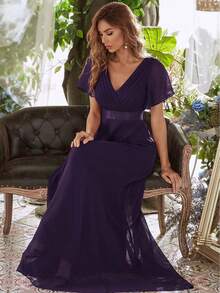 Vestido de dama de honor con cuello en V elegante, mangas con volantes y mariposa, color verde salvia, vestido de invitada de boda, vestido de primavera semi-formal para boda, fiesta de cumpleaños, graduación, Día de San Valentín - Morado - Ver 4