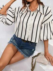 Aveloria Frievida Women's Short Sleeve Button-Down Striped Bishop Sleeve Shirt - Hitam - View 6