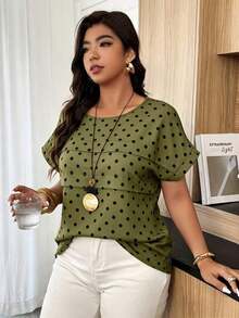 Blusa holgada de mujer talla grande con cuello redondo, mangas de murciélago y lunares en contraste, adecuada para uso diario y vacaciones, primavera/verano - Multicolor - Ver 4