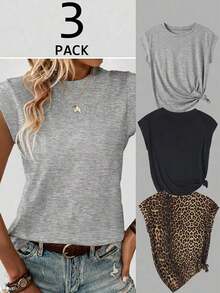 Set de 3 piezas Traje informal de chaleco con decoración de conchas marinas para mujer talla grande, adecuado para vacaciones de verano - Multicolor 2 - Ver 8