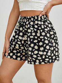 Shorts casuales de pierna ancha con estampado de margaritas para verano - Negro - Ver 8