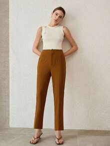PREMIUM PANTALONES DE TRAJE AJUSTADOS CON COSTURA DELANTERA PARA MUJER - Marrón Mocha - Ver 6