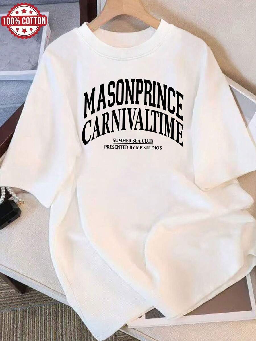 Camiseta de verano de moda para mujer, pura, holgada, de cuello redondo, versátil, cómoda y casual, juvenil y enérgica, de manga corta para uso diario - Blanco - Ver 1