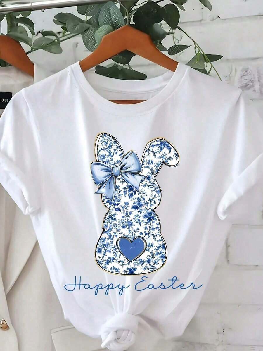 Camiseta de manga corta 100% algodón - Conejo azul y blanco - Camiseta de Pascua, ¡la mejor elección para primavera y verano! - Blanco - Ver 1