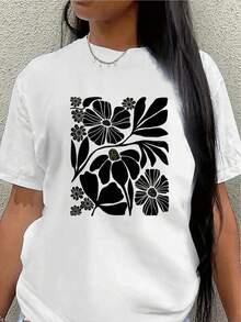 Camiseta de manga corta de poliéster, estampada con motivos florales, ligera y duradera, adecuada para el hogar, restaurantes o uso casual al aire libre.women's shirts - Blanco - Ver 7