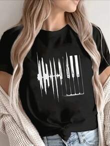 1 Short-Sleeved Polyester T-Shirt With Piano Wave Design, Lightweight And Durable, Suitable For Casual Wear At Home, In Cafes Or Music Studios, Comfortable And Fitted For Everyday Wear, 180g 100% Cotton. - 黑色 - 查看 12