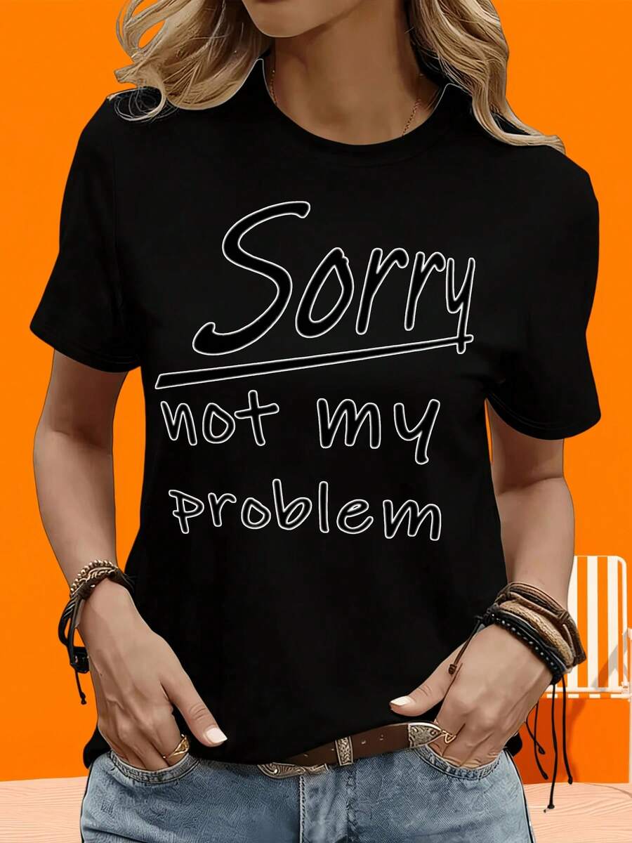 Camiseta Gráfica de Fiesta "Sorry Not My Problem" para Mujer, Casual, de Manga Corta, Camiseta Gráfica de Moda para Uso Diario, Camiseta de Manga Corta para Mujer en Blanco y Negro, Dos Camisetas para Ocio al Aire Libre y Hogar. - Negro - Ver 1
