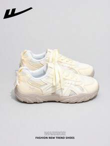 WARRIOR 1 par de zapatillas casuales de mujer con suela gruesa y cordones, suela blanda, zapatos planos de exterior de caña baja, zapatos de verano para ir al trabajo, punta redonda, suela blanda elegante, adecuados para estudiantes, fotos de graduación, senderismo, zapatos de microfibra para deportes y skate - Amarillo/Beige - Ver 6