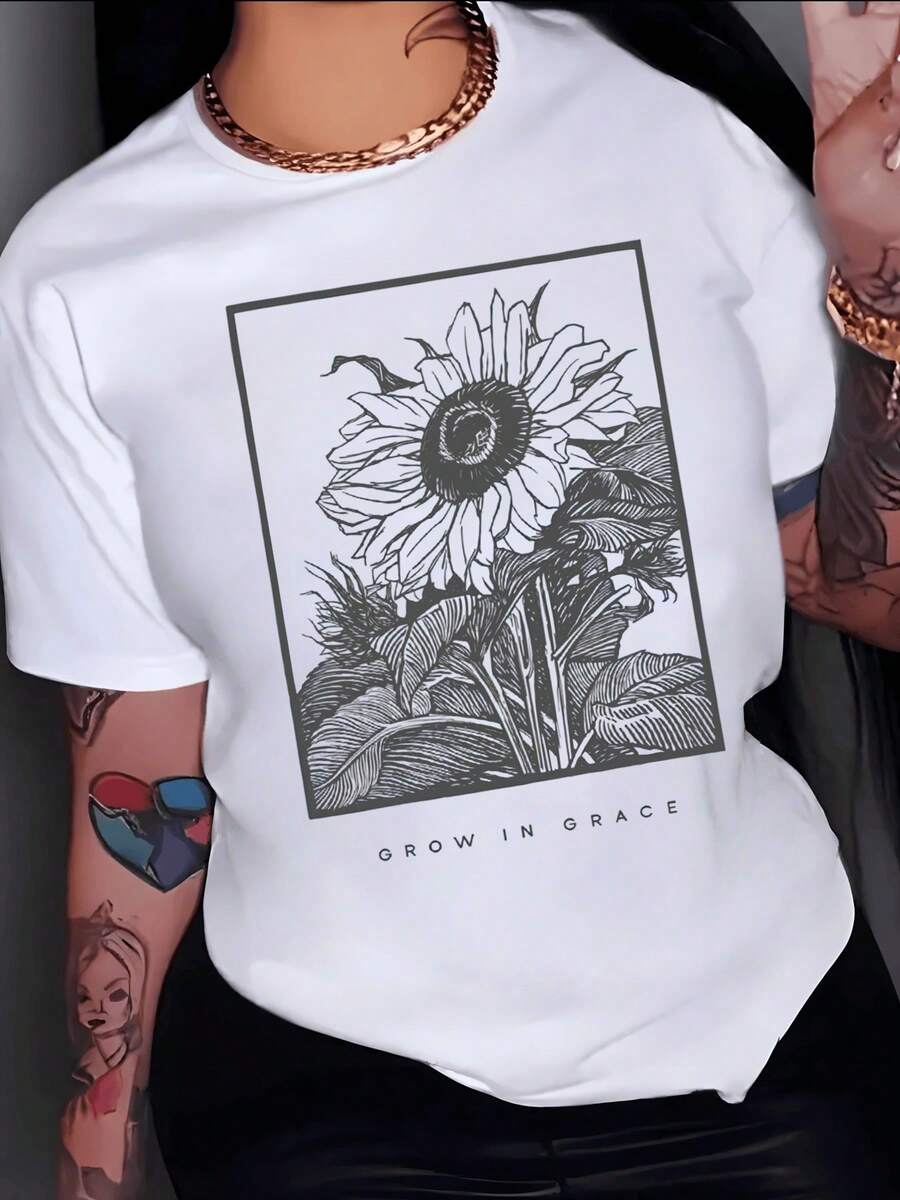 Sunflower Symbolizing Inner Strength And Personal Growth, Showing How Light And Hope Transform Each Day. Women's Casual White T-Shirt With Positive Message: Grow In Grace - 白色 - 查看 1