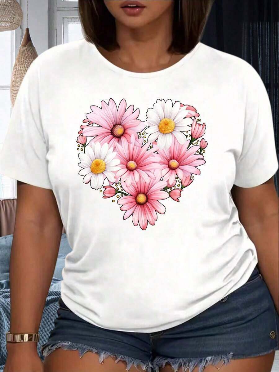 Camiseta Blanca con Diseño de Corazón Floral para Mujer, Top Casual de Verano con Estampado Gráfico de Margaritas y Flores Rosas, Cuello Redondo, Manga Corta, 220g, 100% Algodón - Blanco - Ver 1