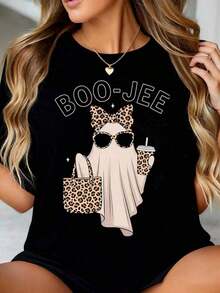 tops de mujergraphic teesCamiseta De Mujer Con Diseño De Fantasma Leopardo De Halloween "BOO-" Con Gráficos Divertidos Y Oversized, Con Gafas De Sol, Bolso Y Diseño De Bebida Para La Temporada De Miedocotton summer topsplayeras de mujer algodon - Negro - Ver 7
