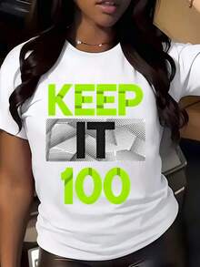 Women's Casual Sports T-Shirt White With Green And Black Text Design - Elastic Round Neck T-Shirt, Machine Washable, Comfortable Fit, For All Seasons, Stylish Casual Wear. - 白色 - 查看 7