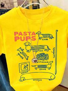 Camiseta de manga corta con cuello redondo para mujer, con estampado de perrito pasta, de alta elasticidad, estilo estándar italiano, cómoda y casual, adecuada para el verano, color blanco. - Amarillo - Ver 4