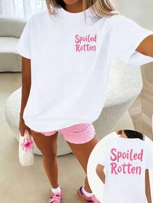 Camiseta de Verano Premium Estampada para Mujer, Talla Grande, con Diseño Divertido - Letras Rosadas "Spoiled" - Camiseta Suave para Uso Diario, Ropa Amigable para Tallas Grandes, Camiseta para Mujer, Ropa Casual, Diseño Divertido, Ajuste Cómodo - Negro - Ver 7