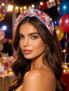 1Pc July 4th Independence Day Hairband, Stars & Stripes Pearl Rhinestone Knotted Wide Headwrap, Party Daily Versatile Hair Accessory - Multicolor - View 2