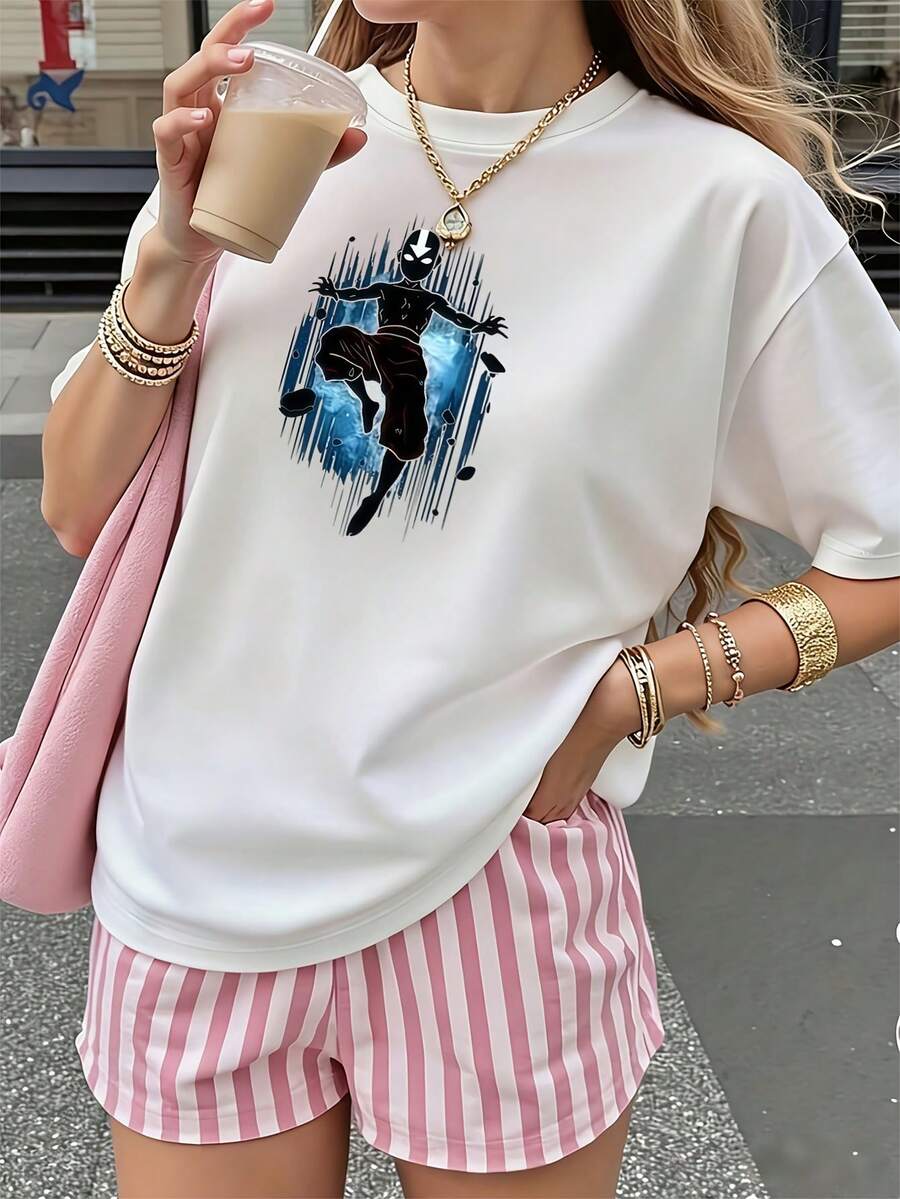 Camiseta de verano premium para mujer con diseño de ": La Leyenda de Aang", estilo casual, perfecta para estar en casa, salir o como regalo, ideal para Pascua, el Día de la Madre y celebraciones de aniversario. - Blanco - Ver 1