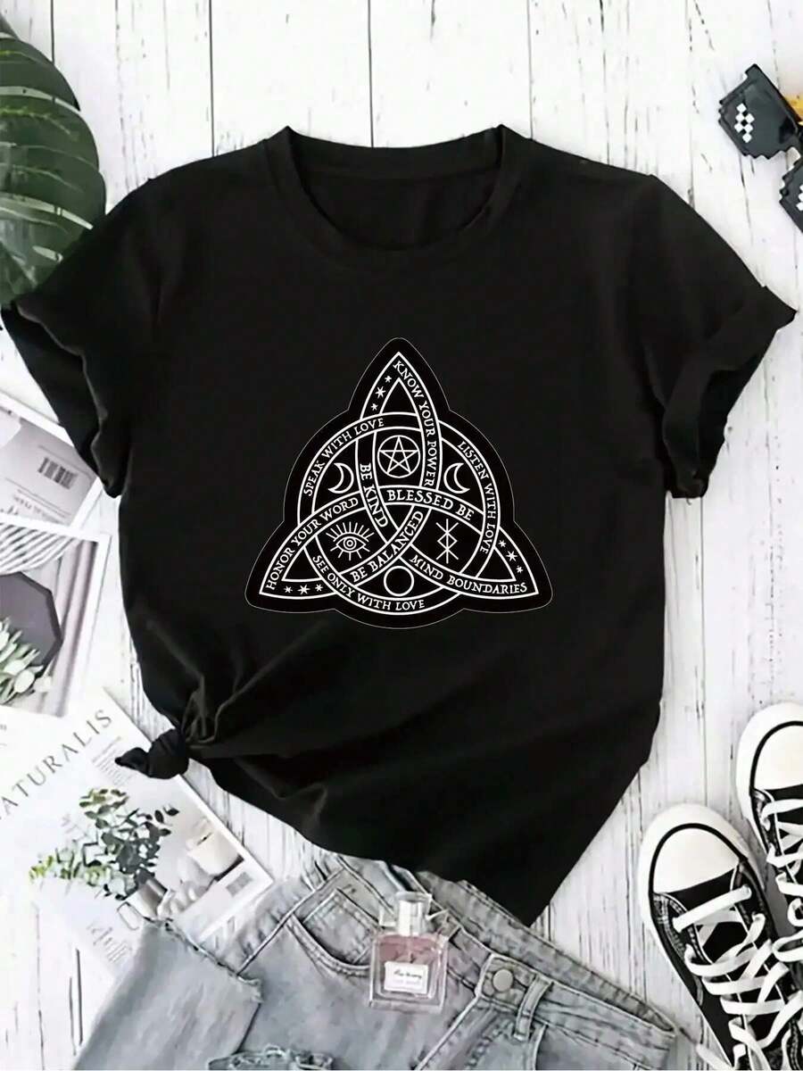 Ropa de invierno ligera, de una sola pieza y holgada para mujer - camiseta de corte holgado con estampado misterioso de trébol para uso diario, Halloween, brujas espirituales, cuello redondo, manga corta, top de moda casual, atuendo elegante para fiestas, diseño divertido, regalo navideño, ropa de uso diario, ropa para el hogar, atuendo casual diario. - Negro - Ver 1