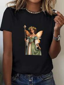 Camiseta de algodón 100% para mujer de talla grande, estilo bohemio holgado - estampado de hadas verdes y flores, suave y transpirable, de cuello redondo y manga corta, adecuada para uso casual y formal en primavera y verano, camiseta negra lavable a máquina. - Blanco - Ver 6