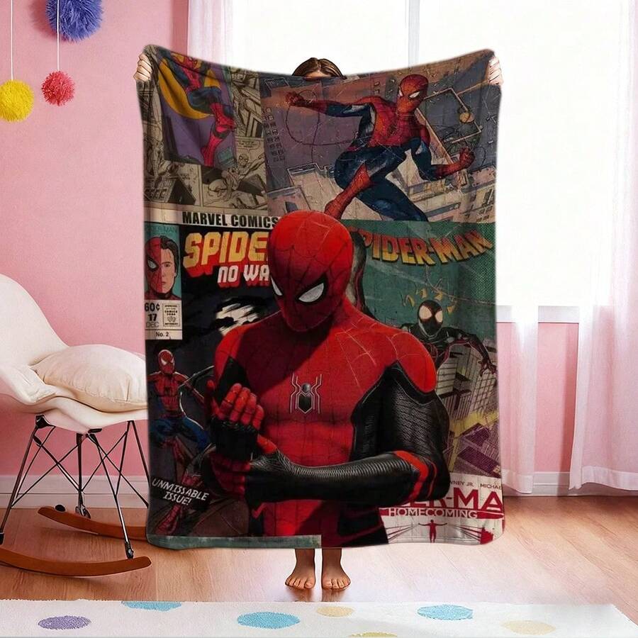 1pc S-Pider-Man Print Blanket,Retro Cartoon Style Throw Blanket,Cartoon Character Printed Blanket,All-Season Universal Nap Blanket,Character Home Decor Blanket,Modern Fashion Gift Suitable For Home Bedroom Bed Sofa Office Lunch Break Cover Picnic Blanket - 彩色 - 查看 1