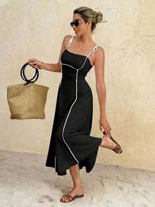 Frenchy Vestido midi con tiras anudadas y ribete de color contrastante para mujer - Negro - Ver 8