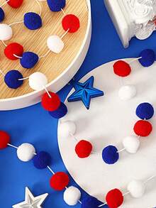 1/2pcs July 4th Felt Pom-Pom Garland, Red, White & Blue 30 Balls Independence Day Felt Ball Wreath, Patriotic Hanging Supplies, Suitable For Memorial Day Wall Party Home Decor - View 5