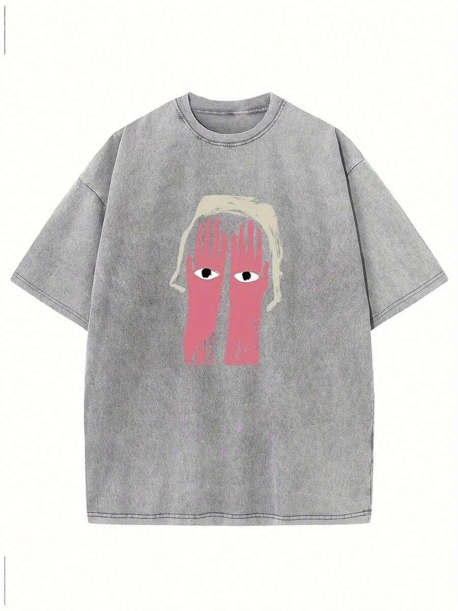 Men's&Women's 1 pieza, 230g, camiseta con estampado de palma y ojo, camiseta de marca de moda vintage de algodón batik de alta calidad, grosor adecuado para el verano, regalo para vacaciones. - Gris - Ver 1