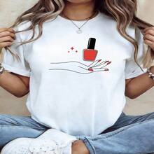 Women's White Cotton Short Sleeve Round Neck T-Shirt With Nail Polish Graphic Elegant Casual Style - 白色 - 查看 1
