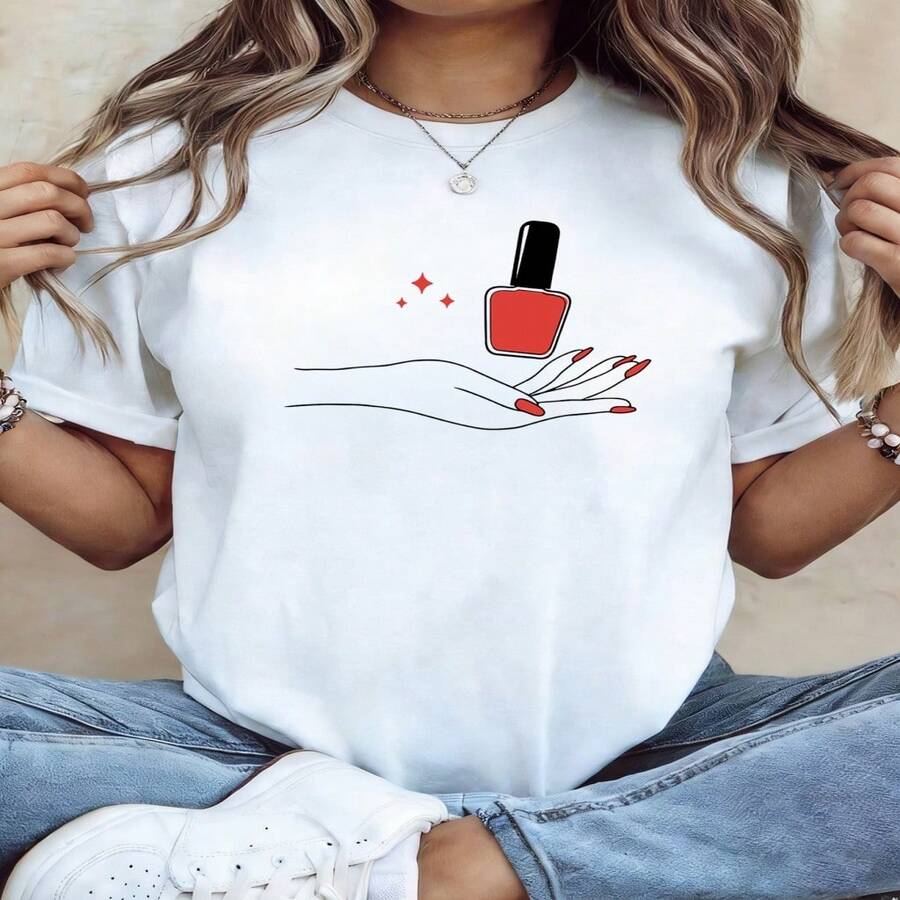 Women's White Cotton Short Sleeve Round Neck T-Shirt With Nail Polish Graphic Elegant Casual Style - 白色 - 查看 1