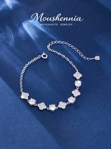 MOUSHEENIA 925 Sterling Silver Moissanite Clover Bracelet, D Color Round Cut Lab-Grown Diamond. Sparkling Chain. Wedding Jewelry. Gift For Her, Wife, Anniversary. - Silver - View 4