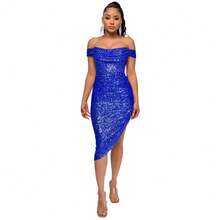 Women's Champagne-Colored Sequined Dress, Off-Shoulder Draped Design, Asymmetrical Side Slit, Stretchy Shiny Fabric Ideal For Summer Parties, Weddings As A Guest And Elegant Outdoor Dinners, Sexy Glamorous Style Perfect For Celebrations And Formal Events - 藍色 - 查看 5