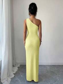 Nuevo vestido maxi de mujer de unicolor y sexy con hombro asimétrico, retorcido y fruncido, con cuello asimétrico, textura de punto y estilo ajustado, con diseño retorcido y con abertura, atuendo elegante para mujer, vestido para fiesta de primavera/verano, vacaciones, San Valentín - Marrón - Ver 9